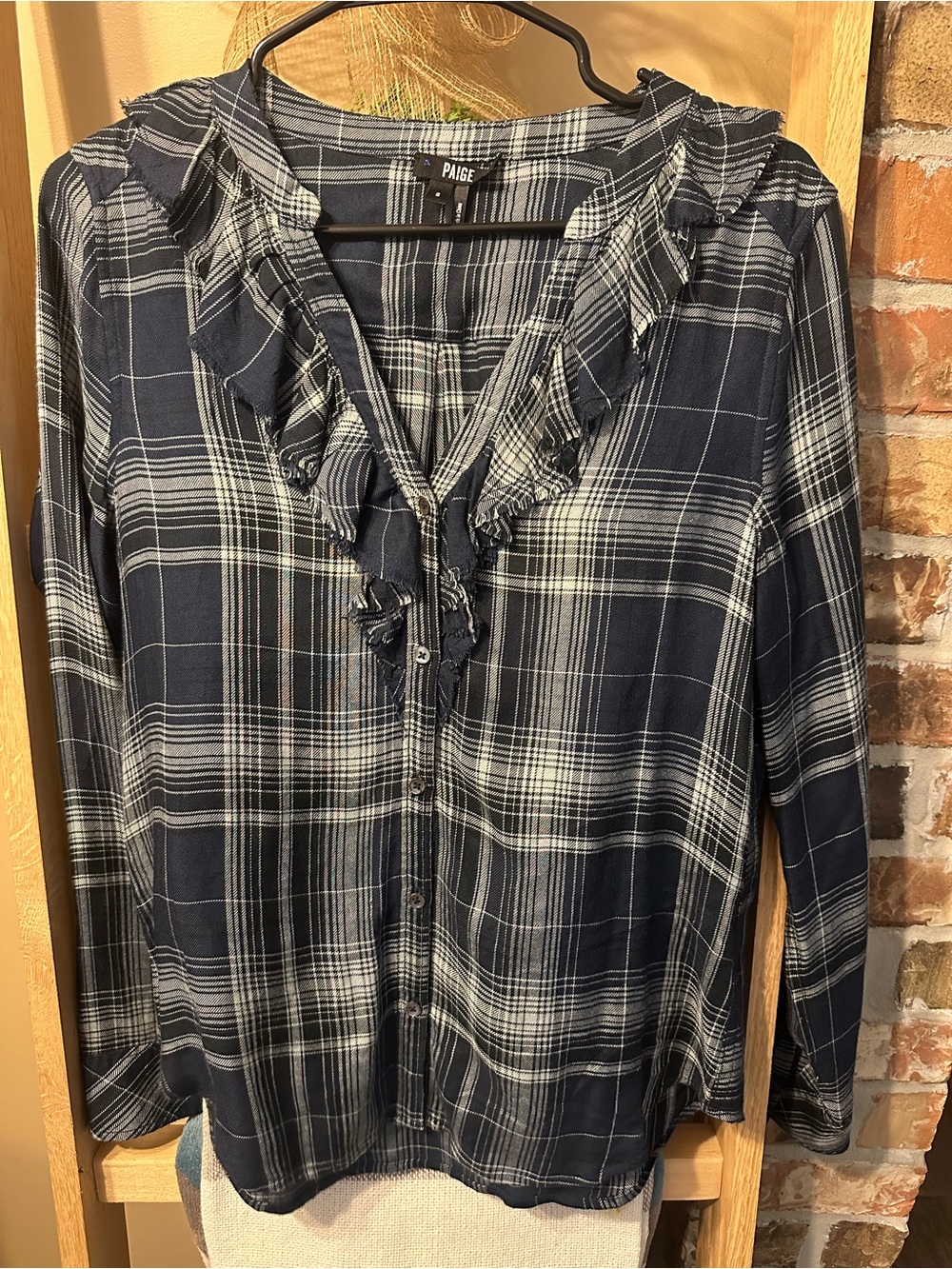 PAIGE Navy & White Plaid Ruffle V-Neck Button Down Top